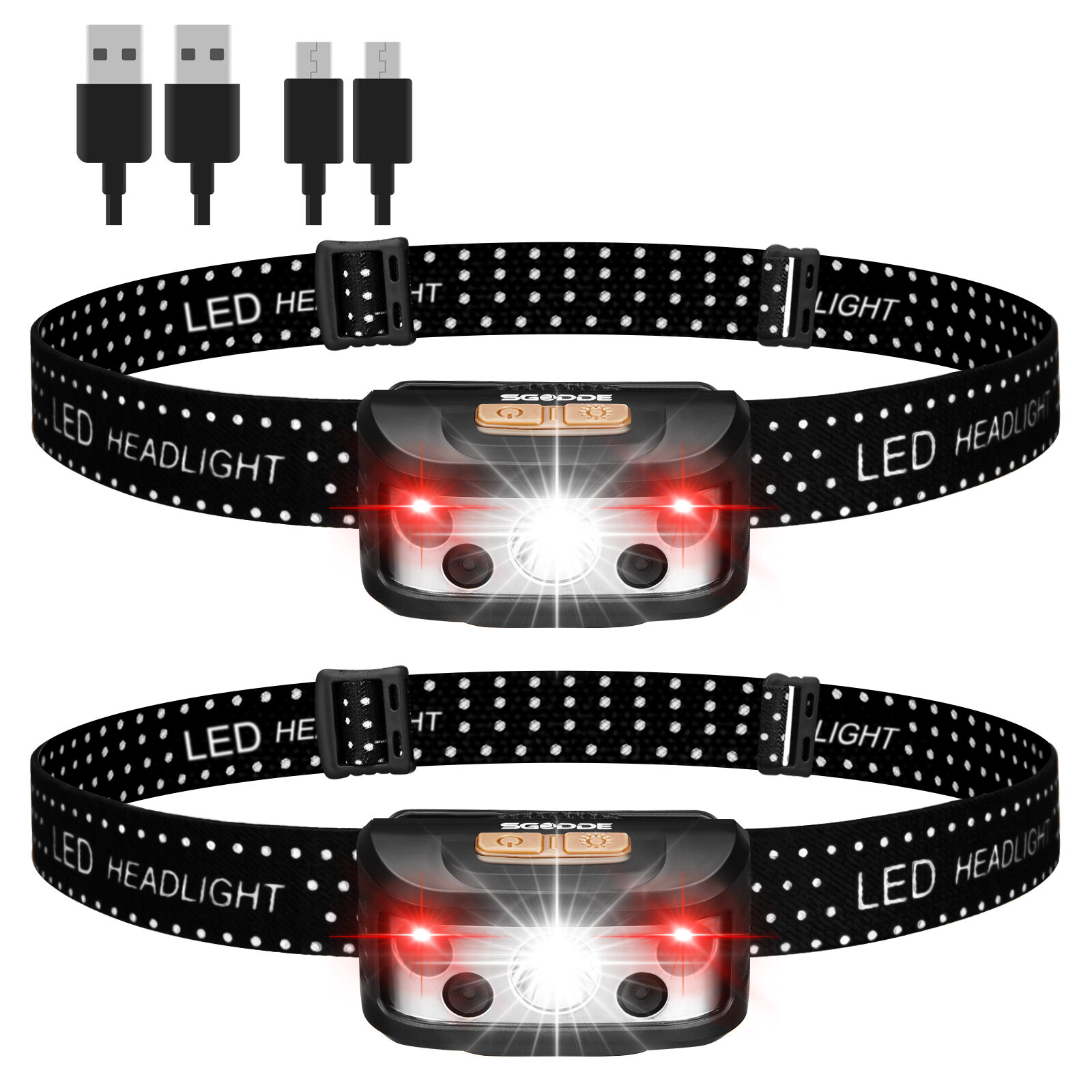 SGODDE 2PCS Five Modes Induction Headlamp Smart Sensor USB Rechargeable IPX65 Waterproof Super Bright Outdoor Cycling Li