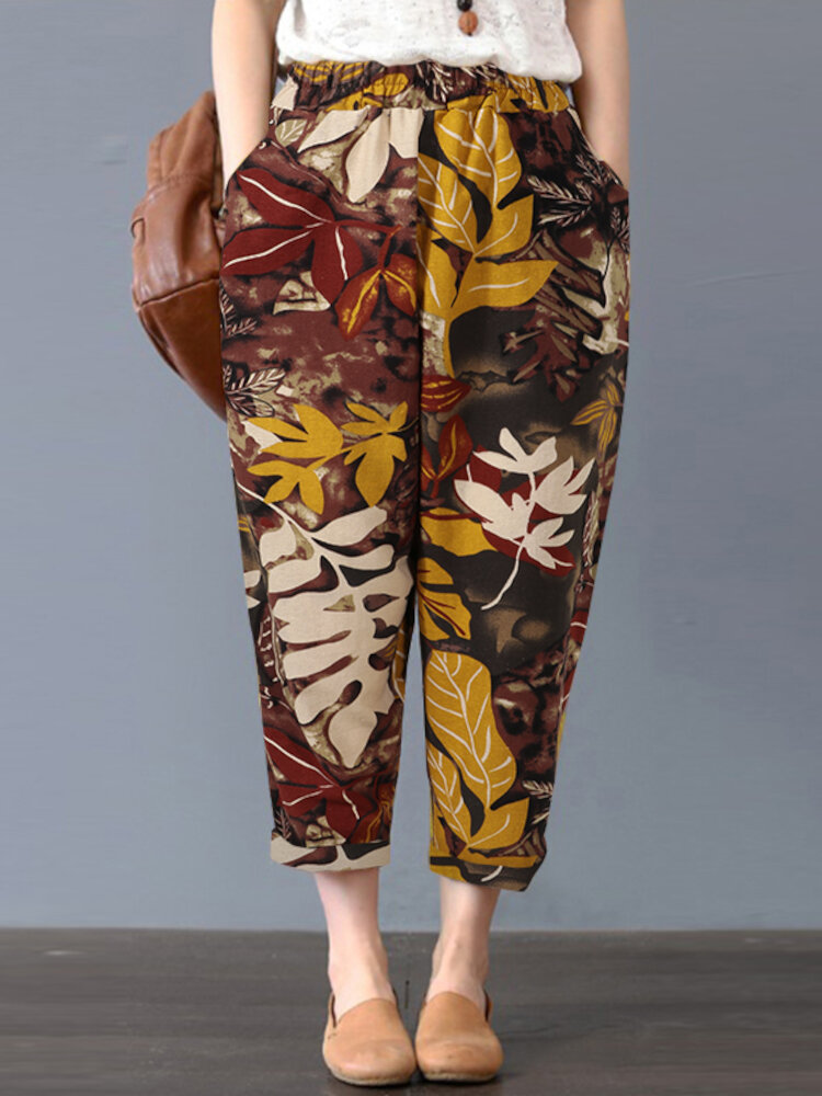 Women Bohemian 100% Cotton Floral Printed Side Pockets Elastic Waist Pants