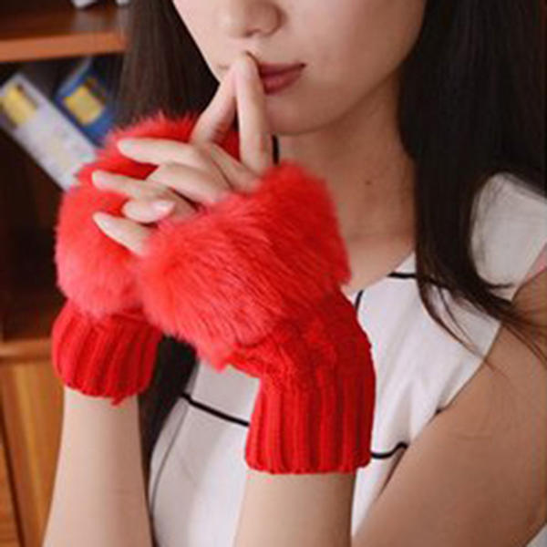 Women Winter Warm Knitted Thicken Fingerless Gloves Artificial Rabbit Hair Half Finger Sleeve