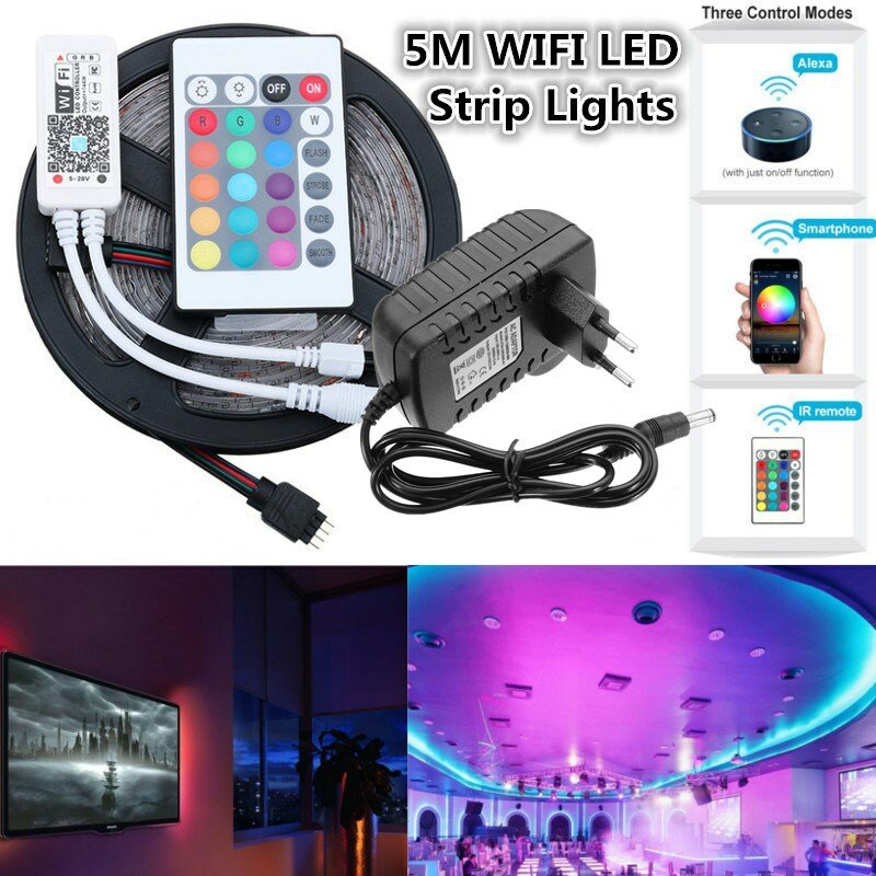 

5M SMD2835 Alexa Smart Home WIFI Controller APP Control Non-waterproof RGB LED Strip Light with EU Power Adapter DC12V