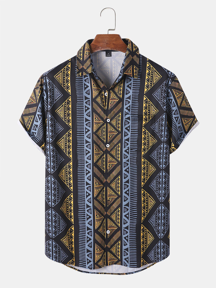 Men Argyle Geometric Contrast Ethnic Lapel Front Button Skin Friendly Casual Shirts