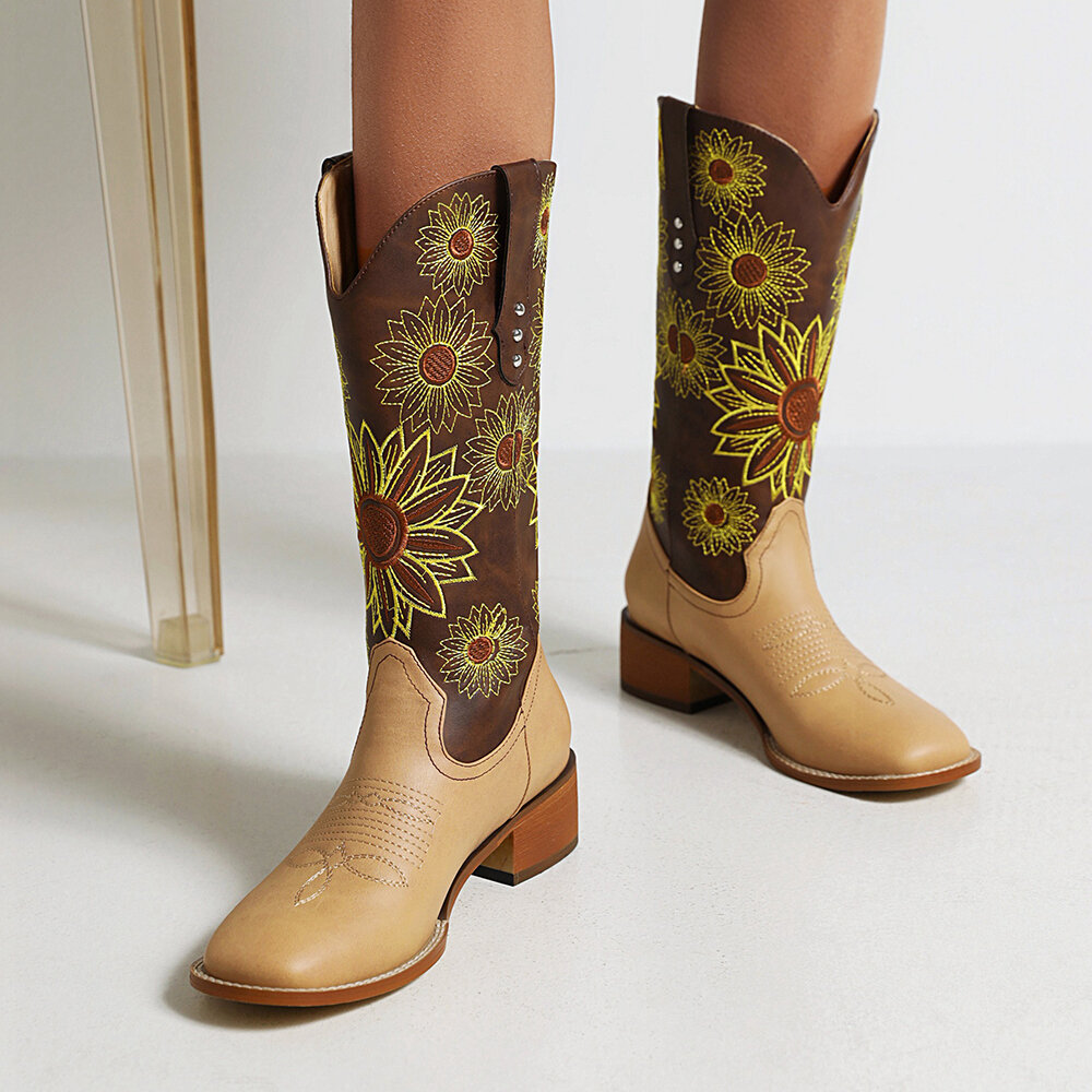 Large Size Women Retro Ethnic Floral Embroidered Comfy Square Toe Chunky Heel Cowboy Boots