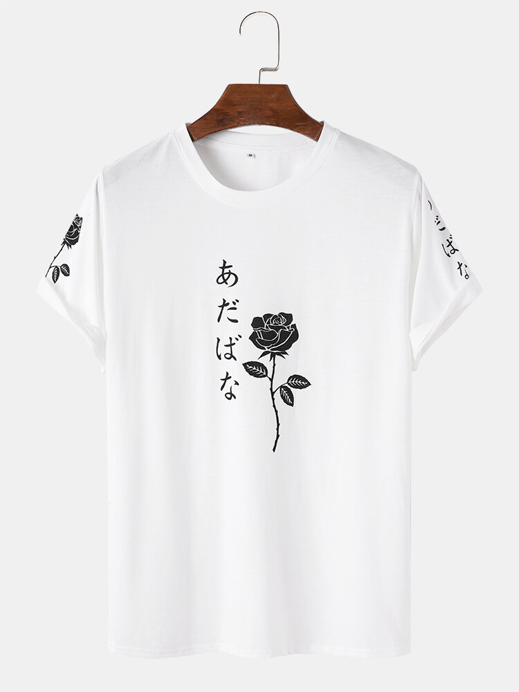 Men Japanese Characters & Rose Print Short Sleeve T-Shirts
