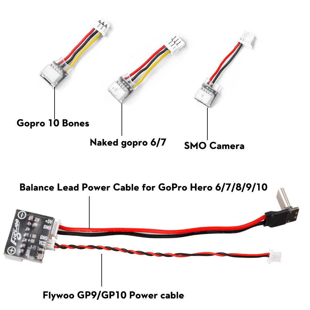 Flywoo Type C & JST-SH 1.0mm 3 Pin Plug to Balance Lead Power Cable Combo for GoPro Hero 6/7/8/9 GP9/GP10 SMO Bones for