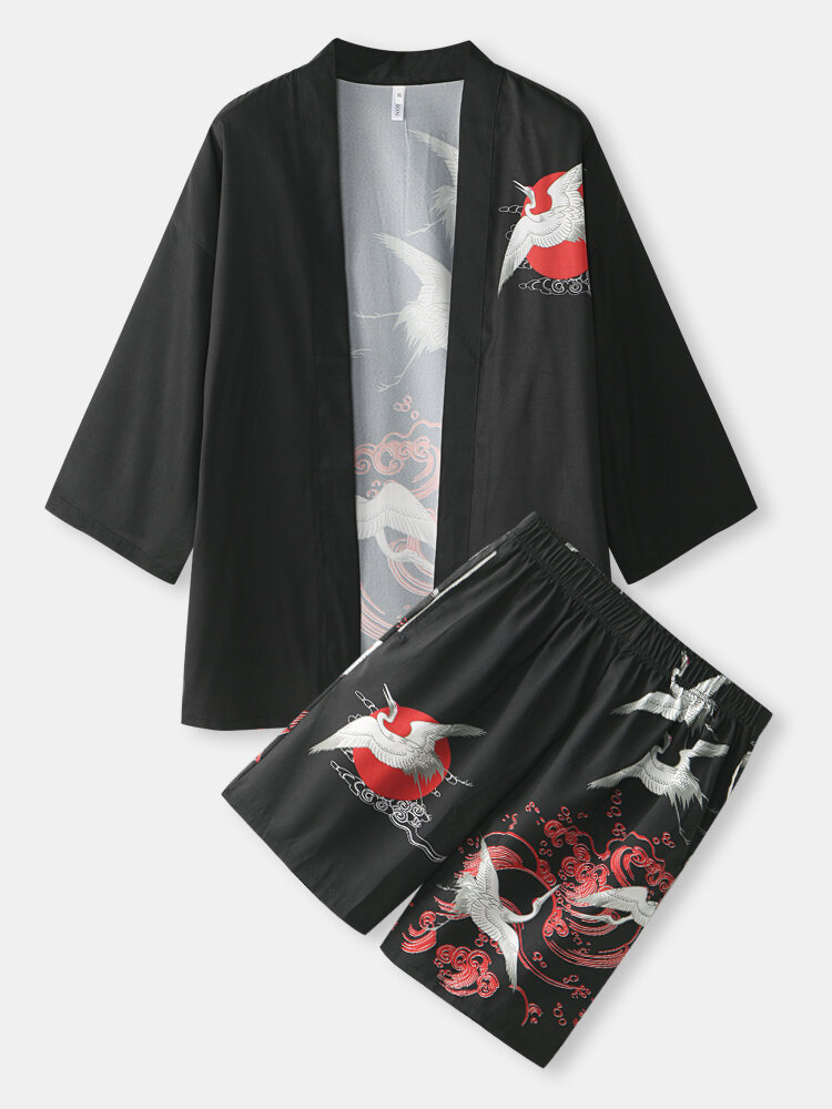 Mens Chinese Style Crane Print Open Front Kimono Two Pieces Outfits