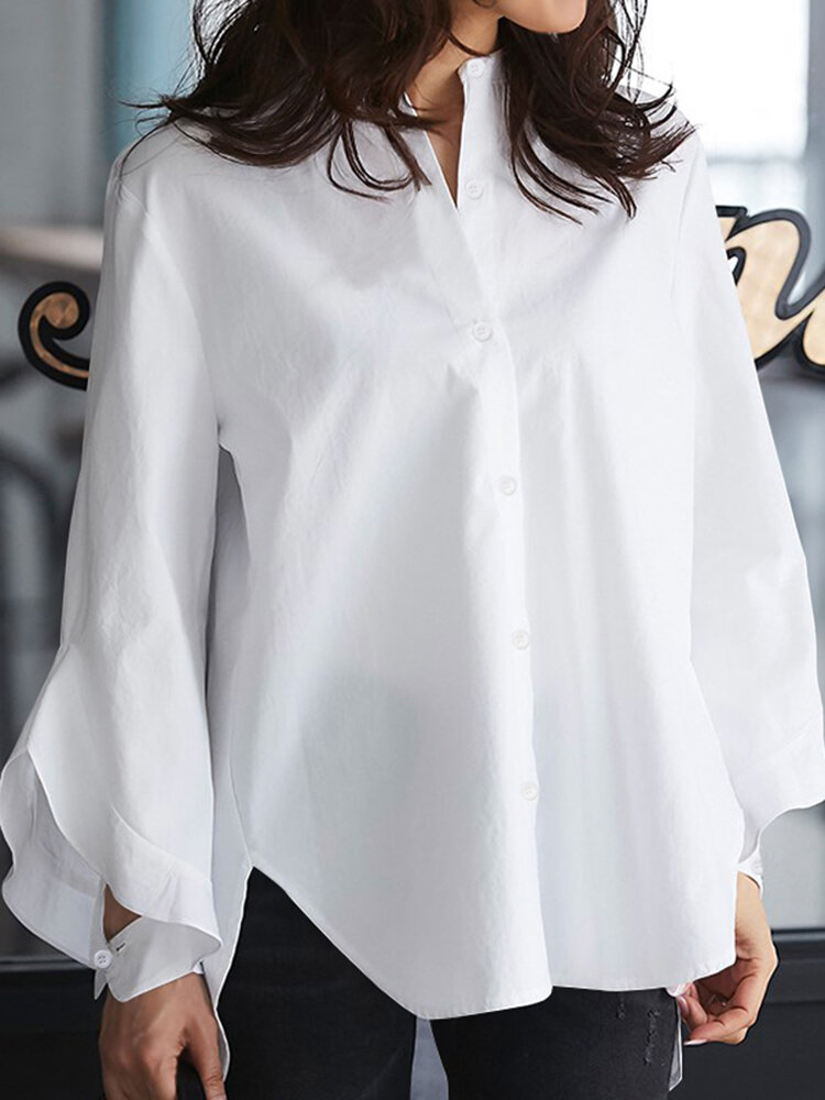 Women Solid Asymmetric Stand Collar Button High Low Split Casual Shirts