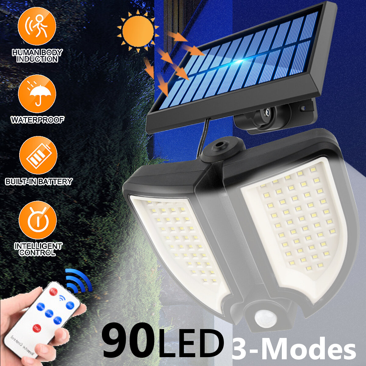 90LED Solar Motion Sensor Garden Light IP67 Outdoor Security Wall Lamp Floodlight with Remote Control