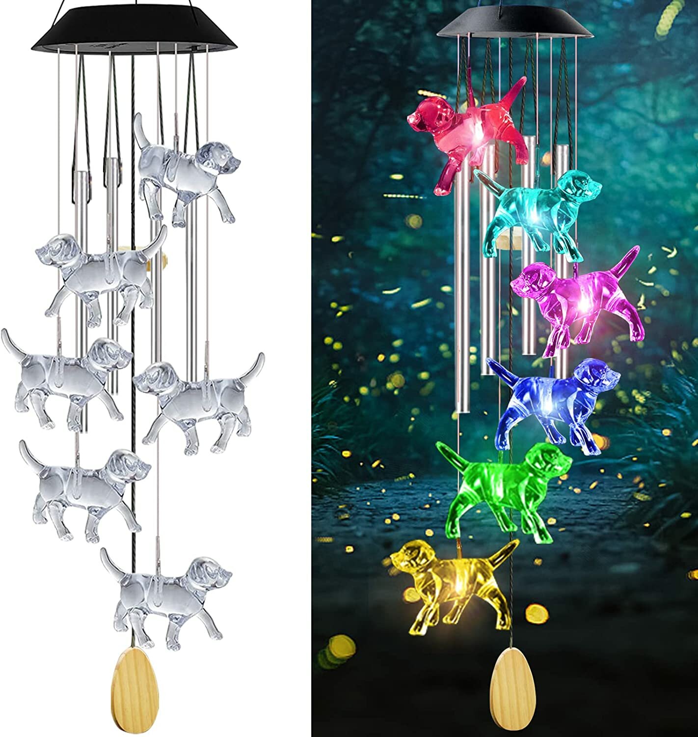 Dog Solar Wind Chimes w/ 4 Music Aluminum Tubes 7 Colors Changing Outdoor Waterproof Crystal Dog LED Wind Bell Home Part