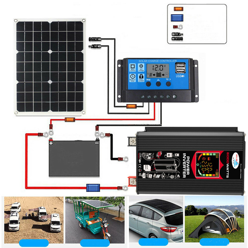 

6000W DC 12V To AC 110V/220V Intelligent Screen Solar Power Inverter 18V 18W Solar Panel 30A 12V/24V Solar Converter Kit