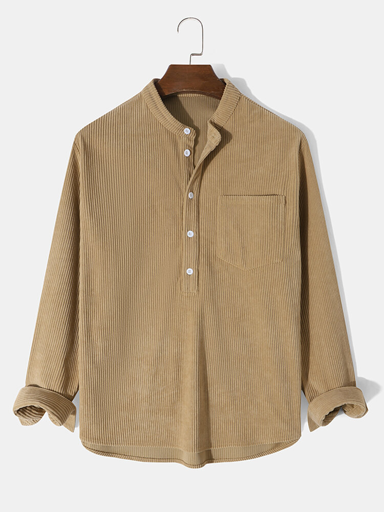 

Mens Solid Color Half Button Corduroy Long Sleeve Henley Shirts