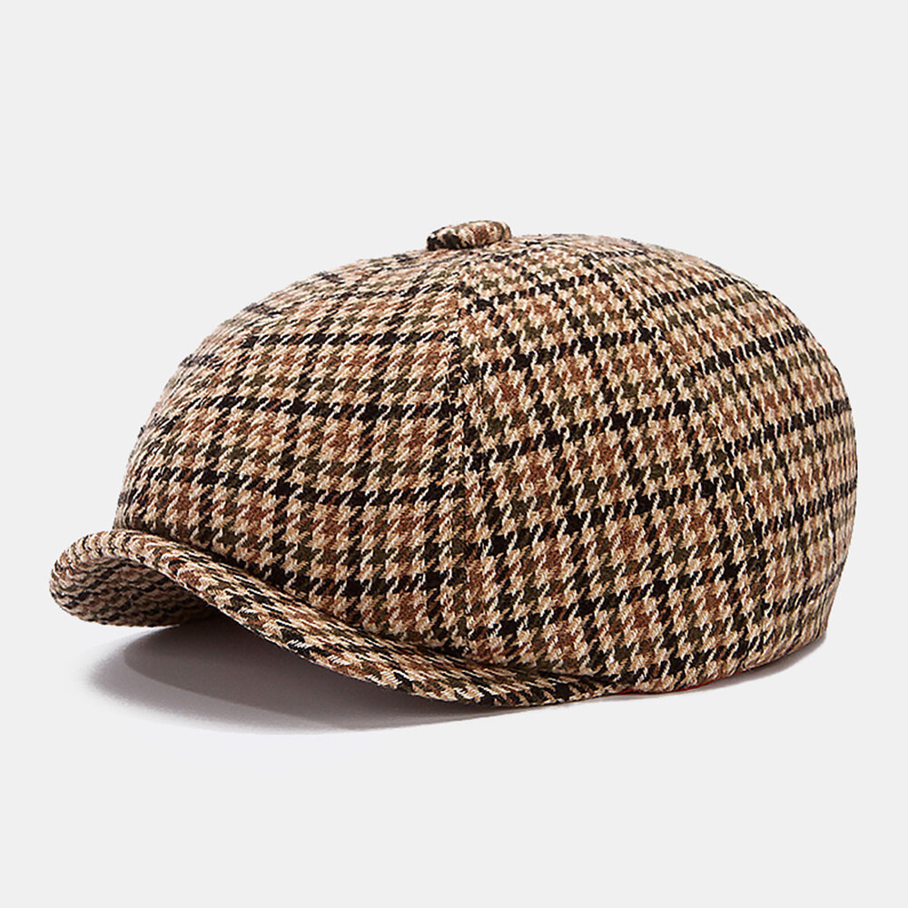 Men Newsboy Hats British Retro Houndstooth Striped Dome Octagonal Hat Cabbie Hat