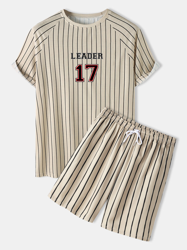 

Mens Letter 17 Print Striped Raglan Sleeve Drawstring Shirts Shorts