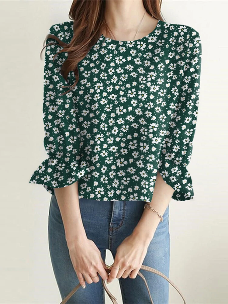 Allover floral print 3/4 sleeve crew neck blouse
