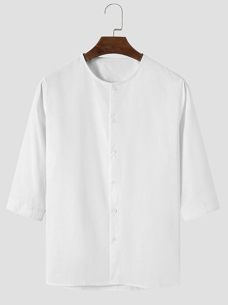 Men 100%Cotton Clean Color Buttons Up Round Neck Shirts
