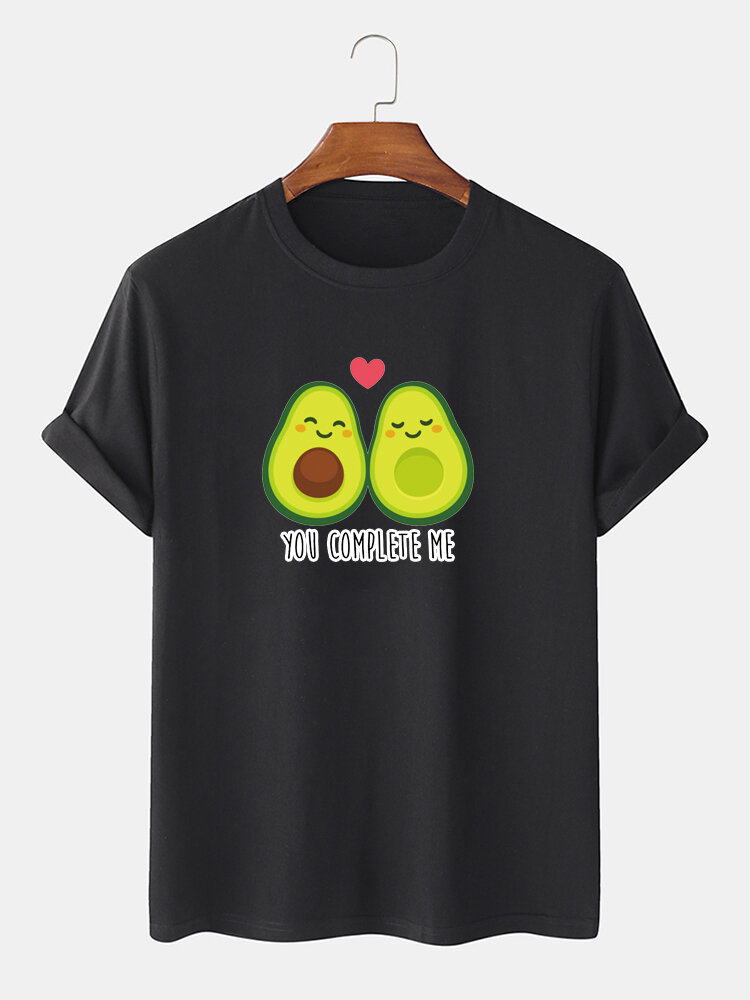 Mannen 100% katoen grappige cartoon avocado paar bedrukte T-shirts met korte mouwen