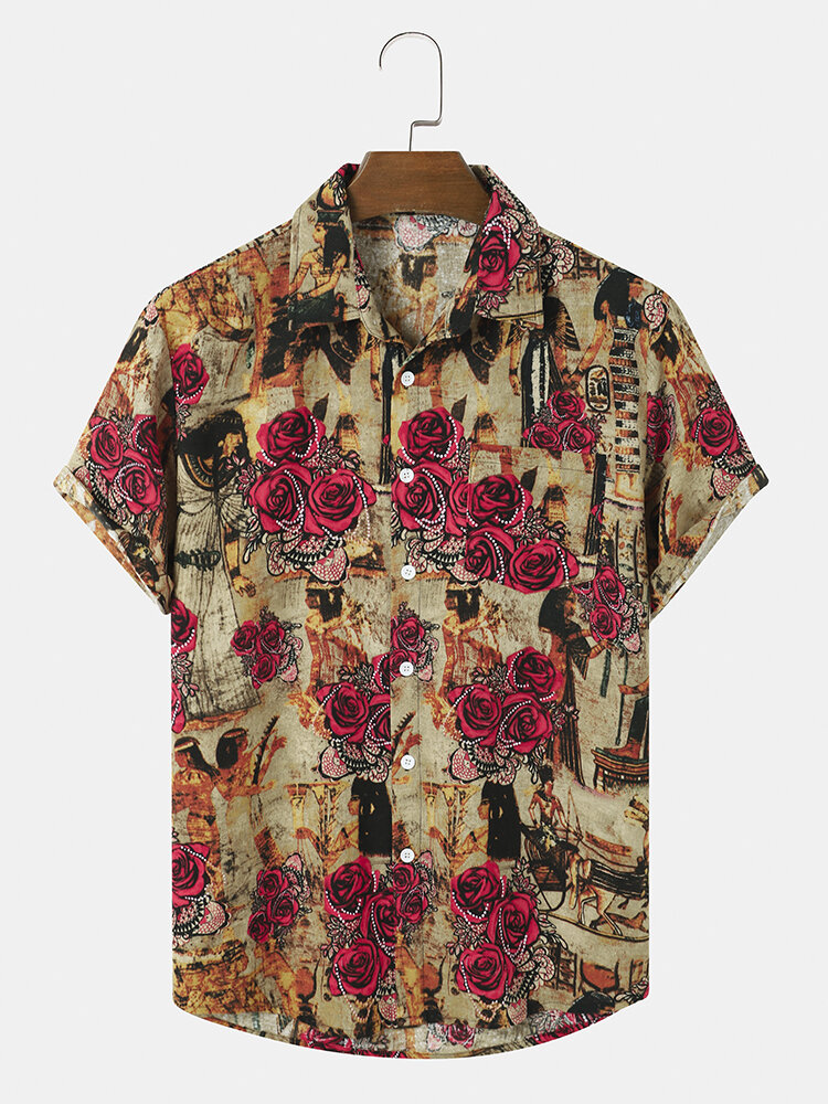 Men Retro Style Rose Print Front Button Lapel Collar Casual Shirts