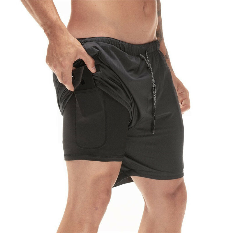 2-in-1 Men's Running Shorts Double-deck Quick Drying Jogging Gym Short Pants with Phone Pocket