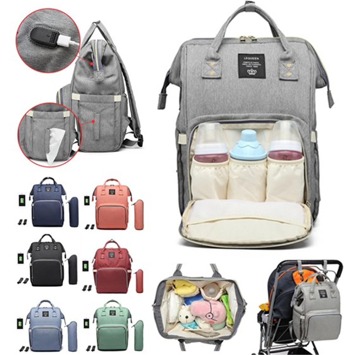 Waterproof Baby Nappy Diapers Bags Tote Mummy Travel USB Port Backpack