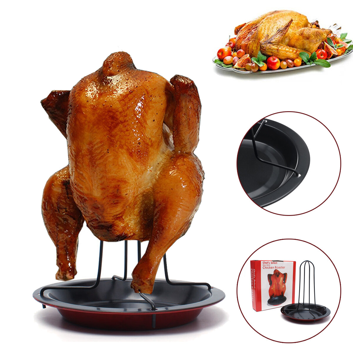 محمص دجاج من الفولاذ الكربوني غير لاصق مع حامل بط للشواء في المنزل والهواء الطلق والنزهات والتخييم.