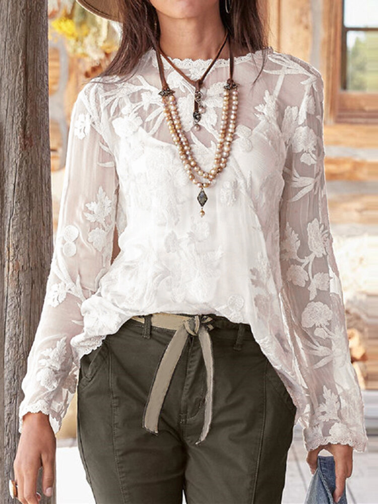 Solid Lace Patchwork O-neck Long Sleeve Button Back Two-piece Casual Blouse
