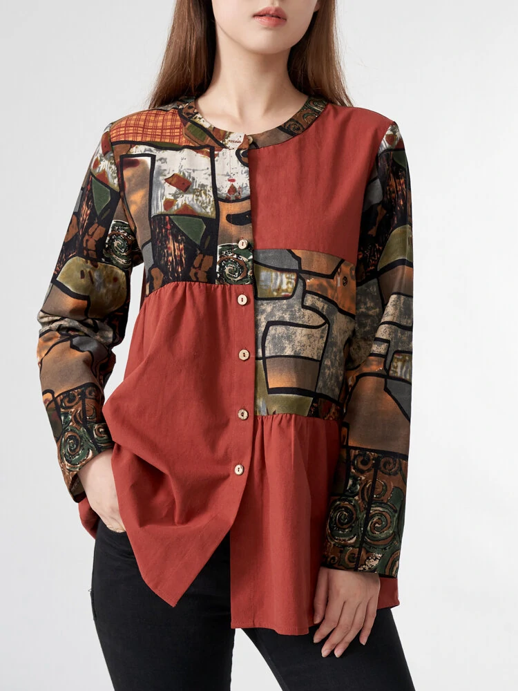Abstract pattern contrast button long sleeve stand collar blouse