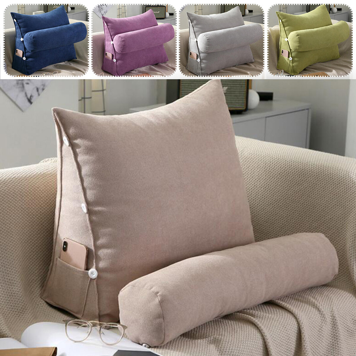

Adjustable Zipper Back Wedge Micro Plush Bed Rest Cushion Pillow for Sofa Bed Office Chair Rest Waist Neck Support