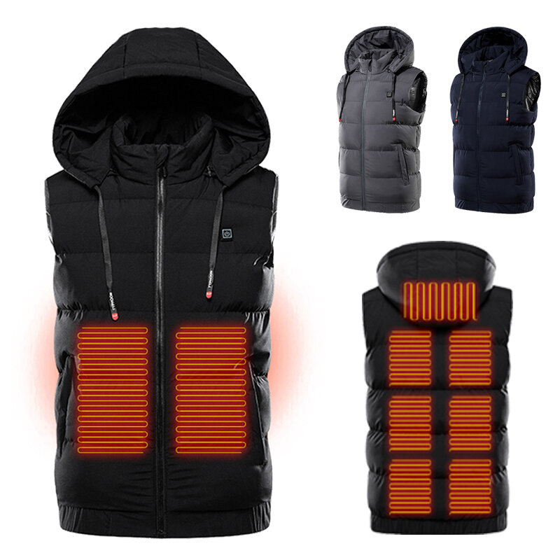 TENGOO 9 Areas Heating Jackets Unisex 3-Gears Heated Vest Coat USB Electric Thermal Clothing Hooded Vest Winter Outdoor