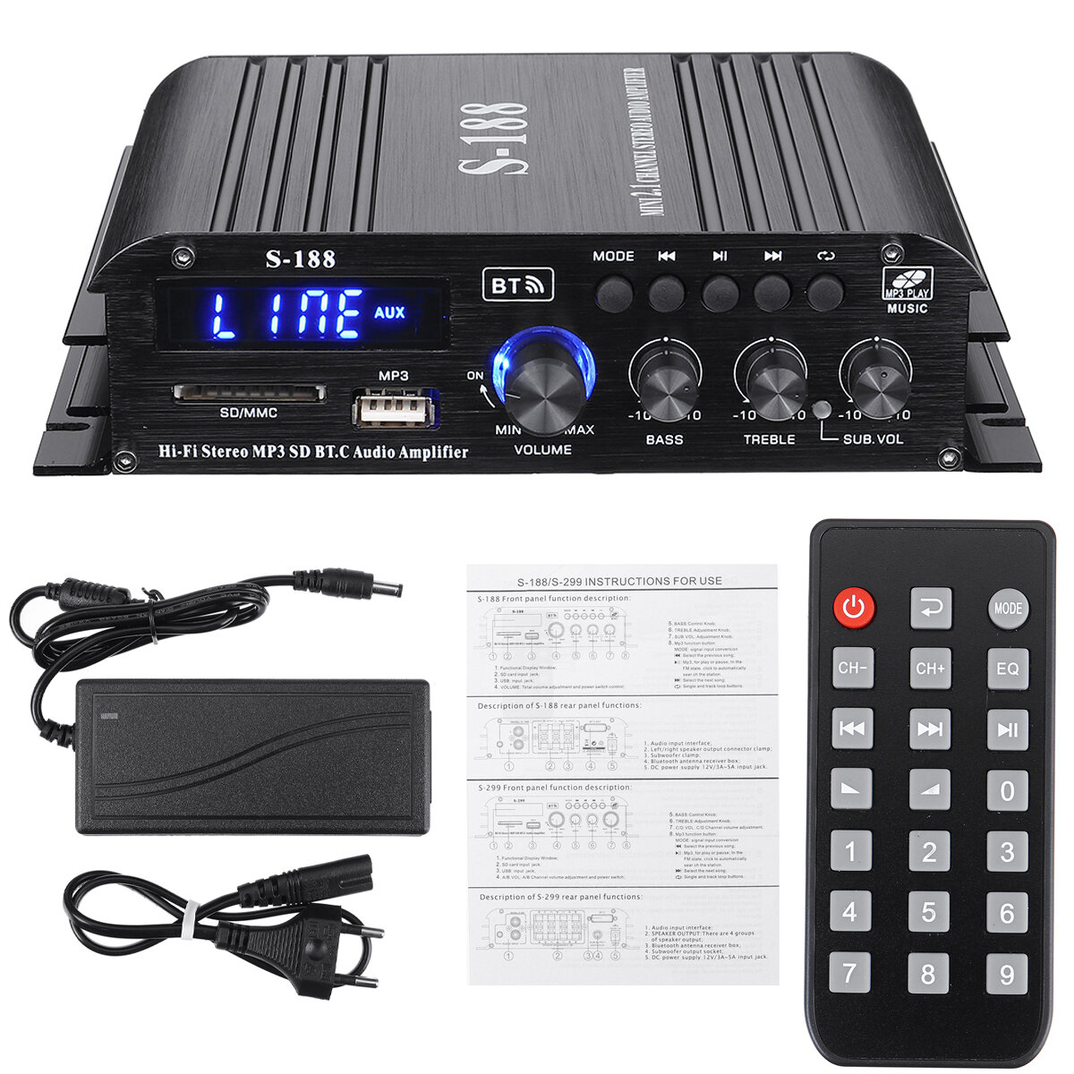 2*400W+200W 2.1 Channel LCD display Hifi S188 Power Amplifier Bluetooth/USB/SD for Home and Car