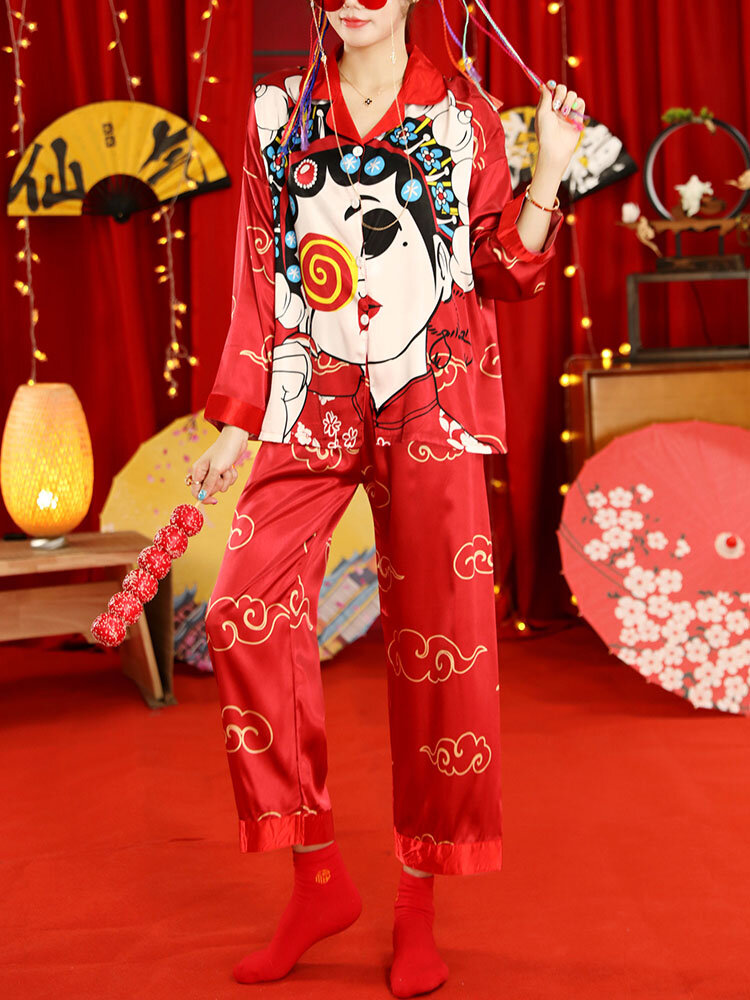 Vrouwen Chinese Stijl Cartoon Print Kamp Kraag Button Up Lange Mouw Losse Broek Thuis Pyjama Set