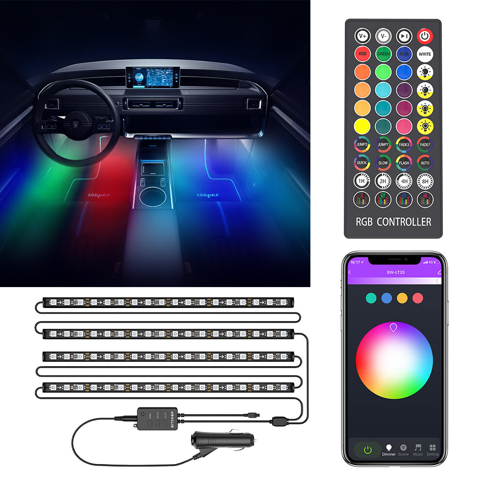 BlitzWolf® BW-LT35 Bluetooth RGBIC Car Interior Strip Lights with 3 Simple Control Methods Vivid RGBIC Lighting Effect Sync with Music Activate Music Mode and Scene