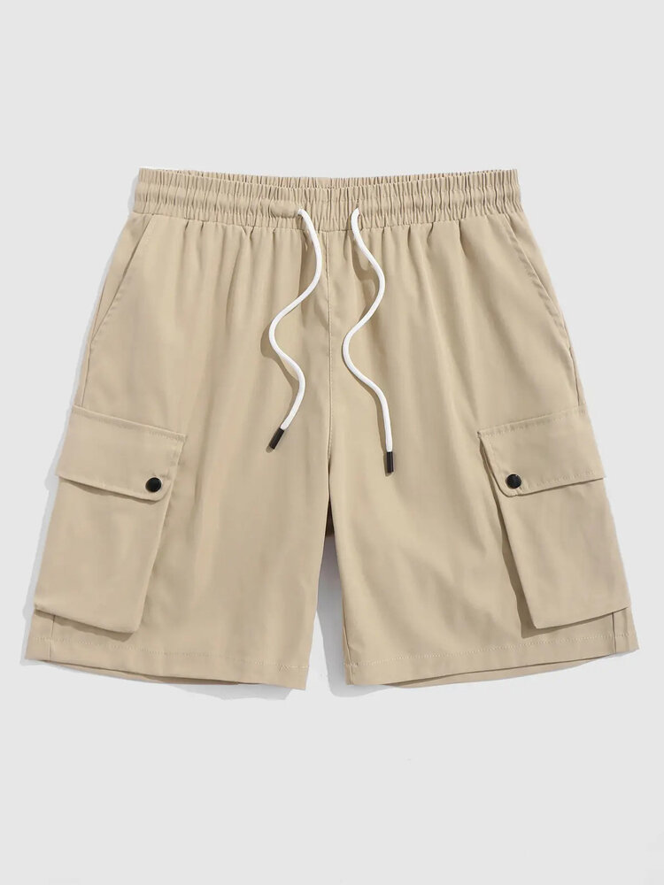 

Mens Solid Flap Pocket Cotton Casual Drawstring Cargo Shorts