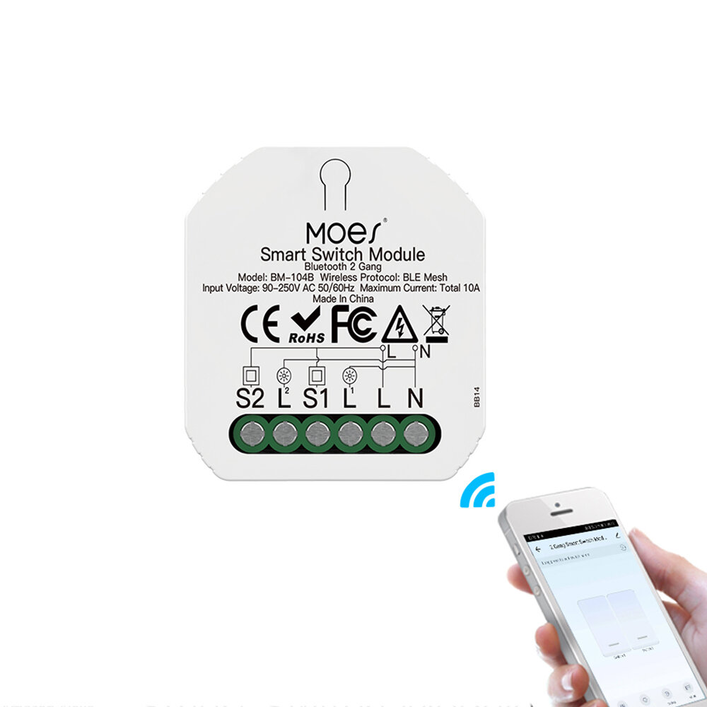 MoesHouse BM-104BN Smart Bluetooth-schakelmodule Aan / uit Relais App Afstandsbediening 2-weg Tuya S