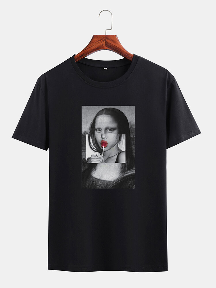 Mens grappige Kuso Mona Lisa licentie ronde hals zwarte T-shirts met korte mouwen