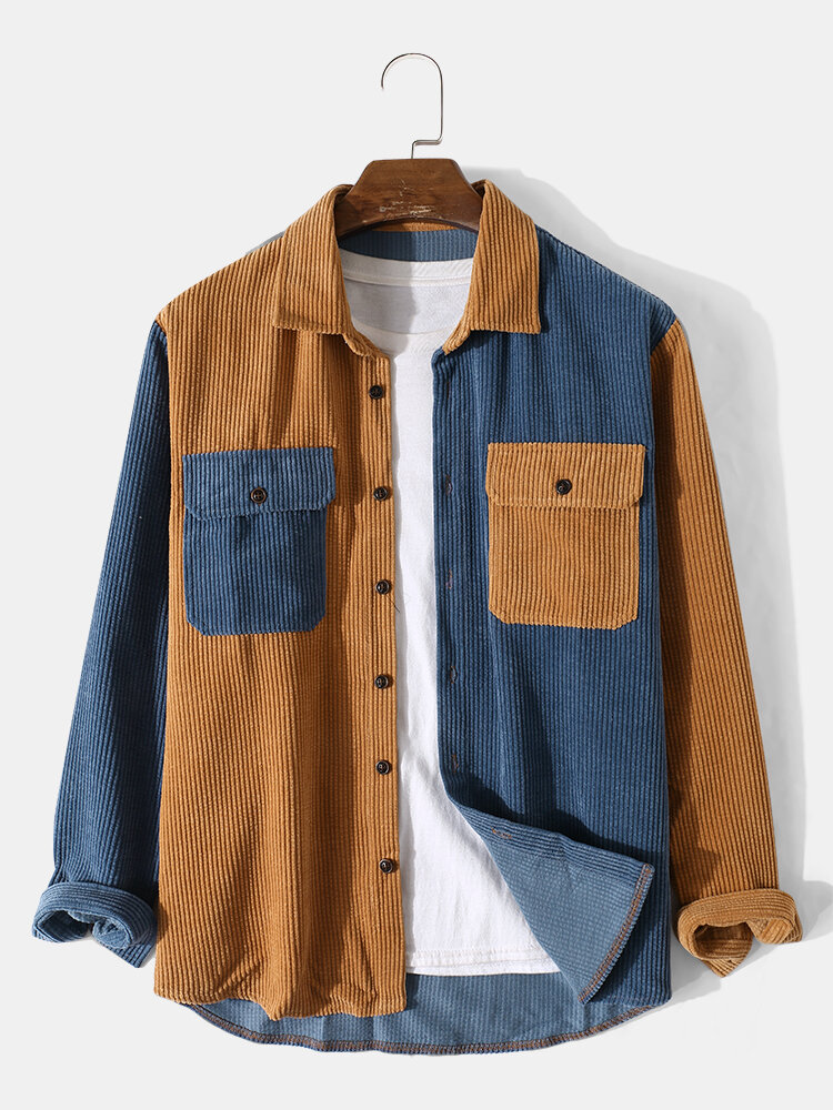 

Mens Corduroy Two Tone Patchwork Flap Pocket Casual Shirts