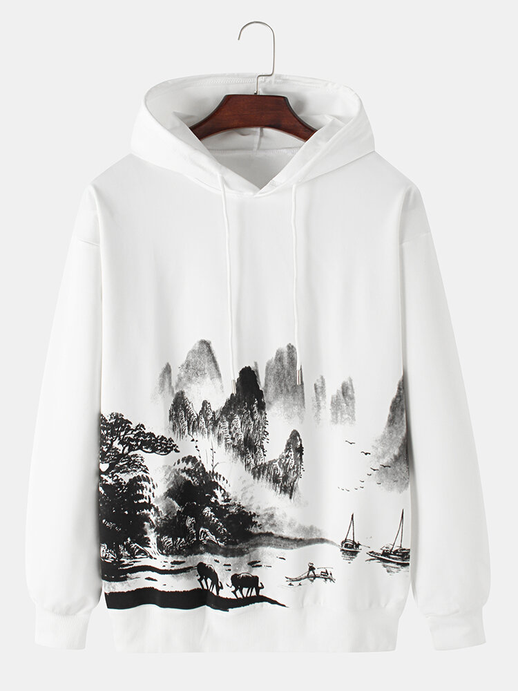 Heren Chinese stijl inkt landschap schilderij print drop schouder lange mouwen hoodies