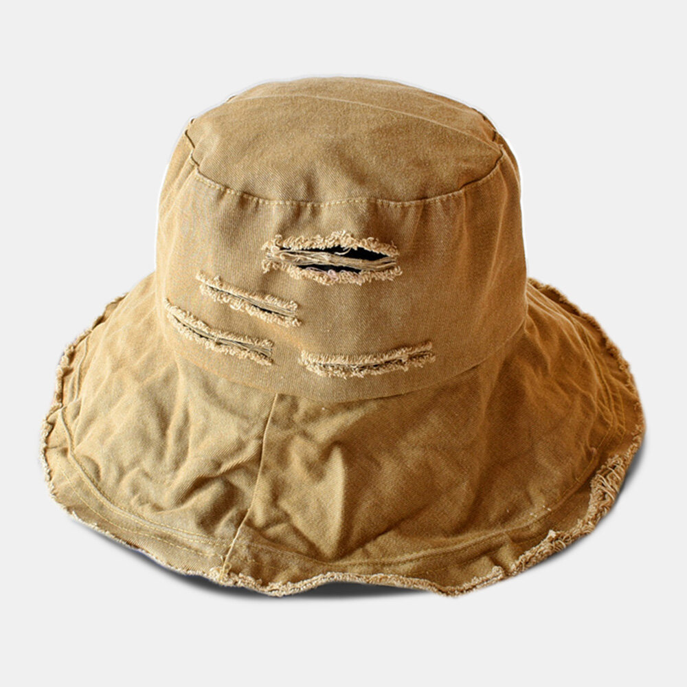 Unisex Broken Hole Big Brim Bucket Hat Outdoor Sunshade Suncreen Beach Hat