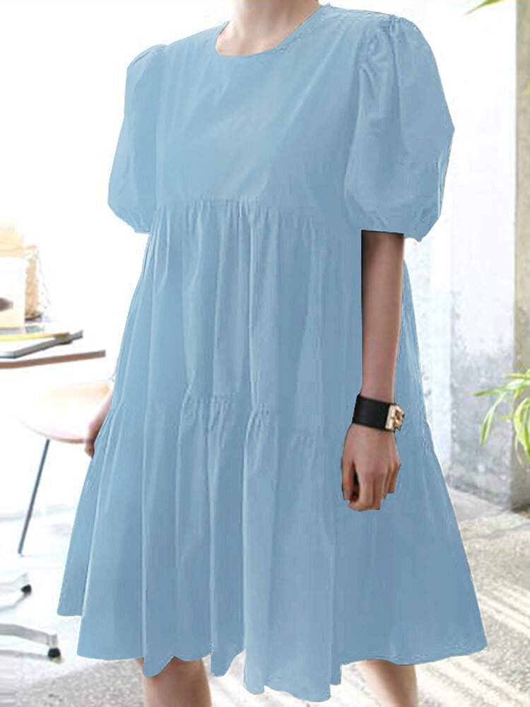 Women Solid Color Tiered Round Neck Stitching Casual Short Sleeve Midi Dresses