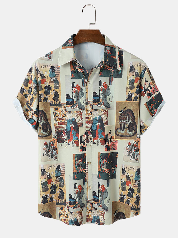 

Mens Ethnic Figure Square Print All Matched Short Sleeve Shirts