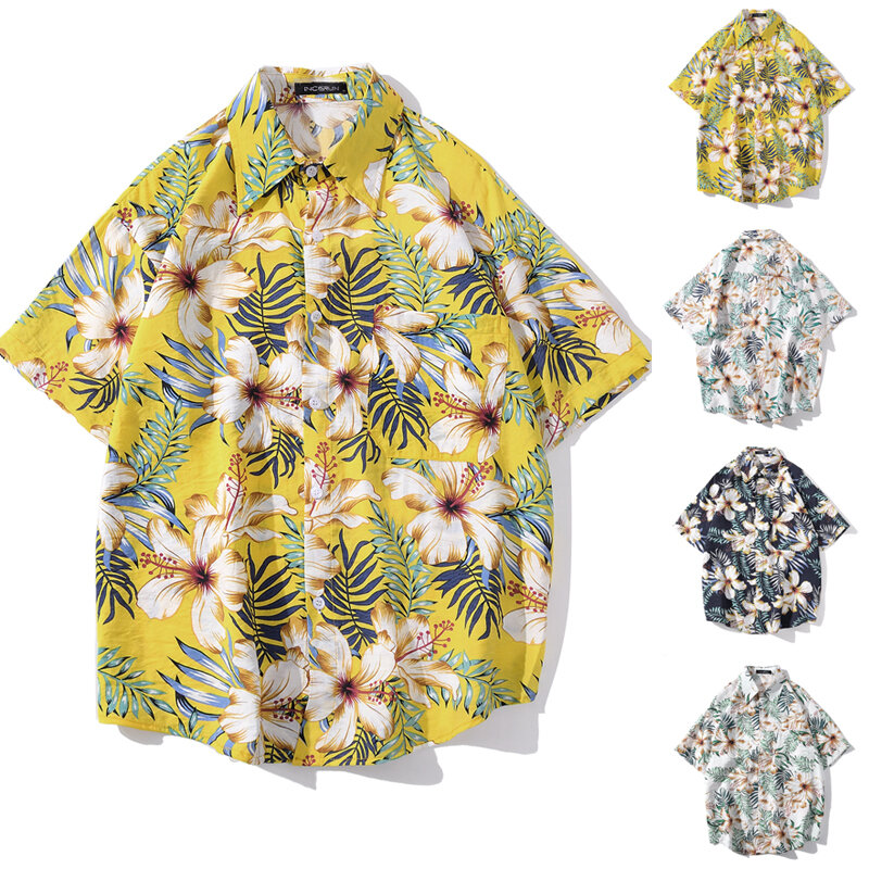 Outdoor Men Hawaiian Camisa Manga Curta Estampa Floral Chique Lapela Solta Camisas Hombre Streetwear Praia Casual Camisas