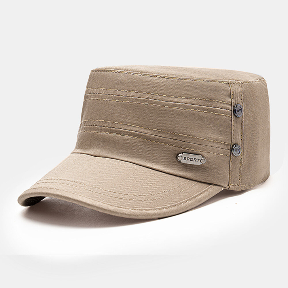 Men Cotton Adjustable Strap Army Cap Cadet Hat Metal Label Design Military Cap Flat Top Cap