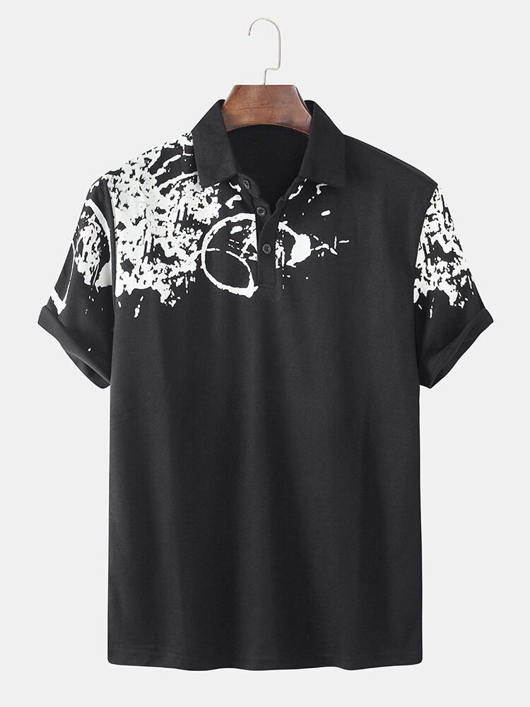 Image of Herren Abstract Print Fold Down Collar Kurzarm Casual Golf Shirts