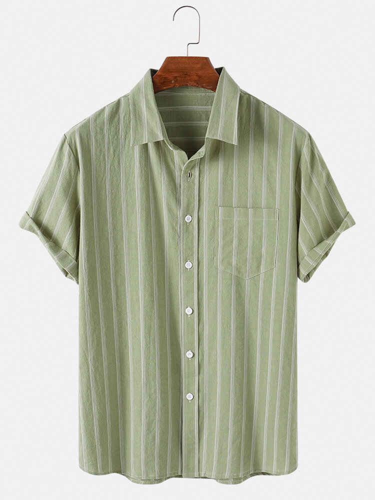 

100% Cotton Mens Colorful Vertical Stripes Hawaii Holiday Short Sleeve Shirts
