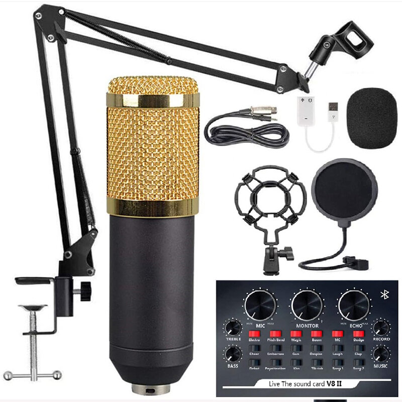 

BM-800 Live Broadcast Sound Card Kit with Studio Condenser Microphone Arm Stand for Streaming Broadcasting and Singing R