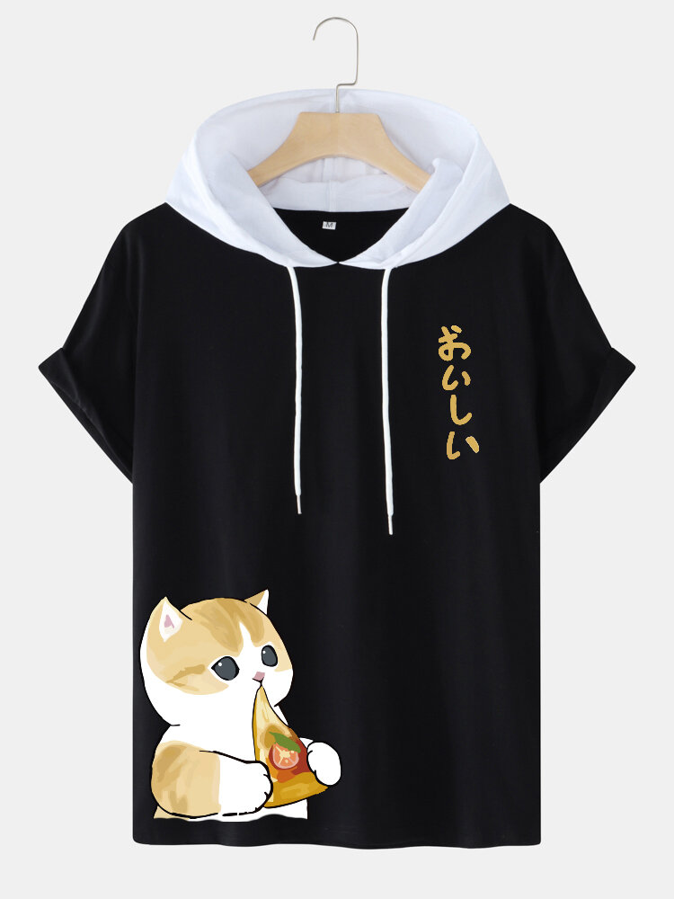 Mens Pizza Cat Japanese Print Short Sleeve Hooded T-Shirts