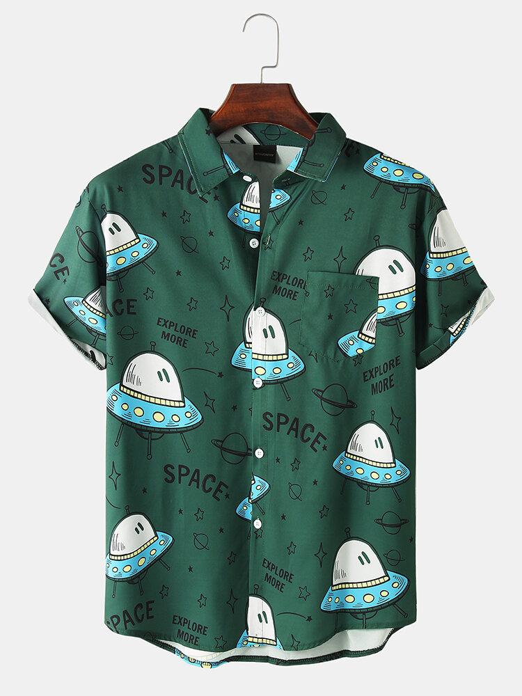 Heren Casual Space UFO Print Button Up Street-shirts met korte mouwen