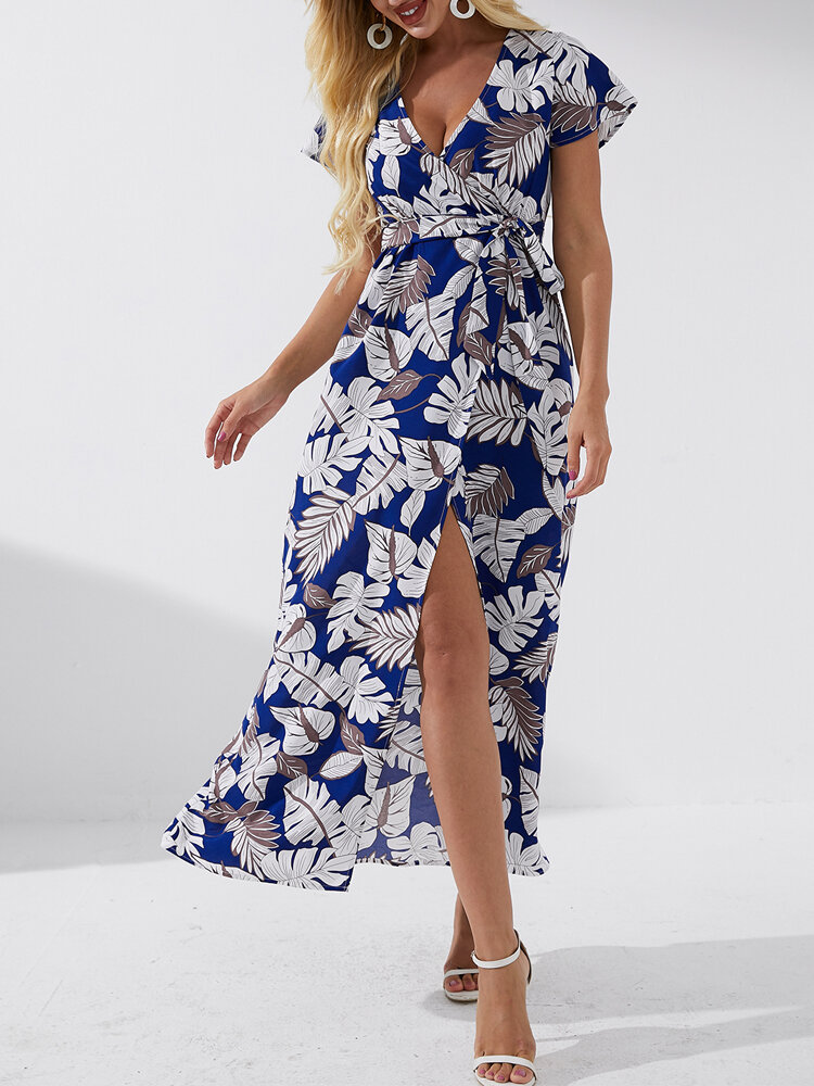 Maxi-jurk met hoge split, tropische print, V-hals, V-hals en korte mouwen
