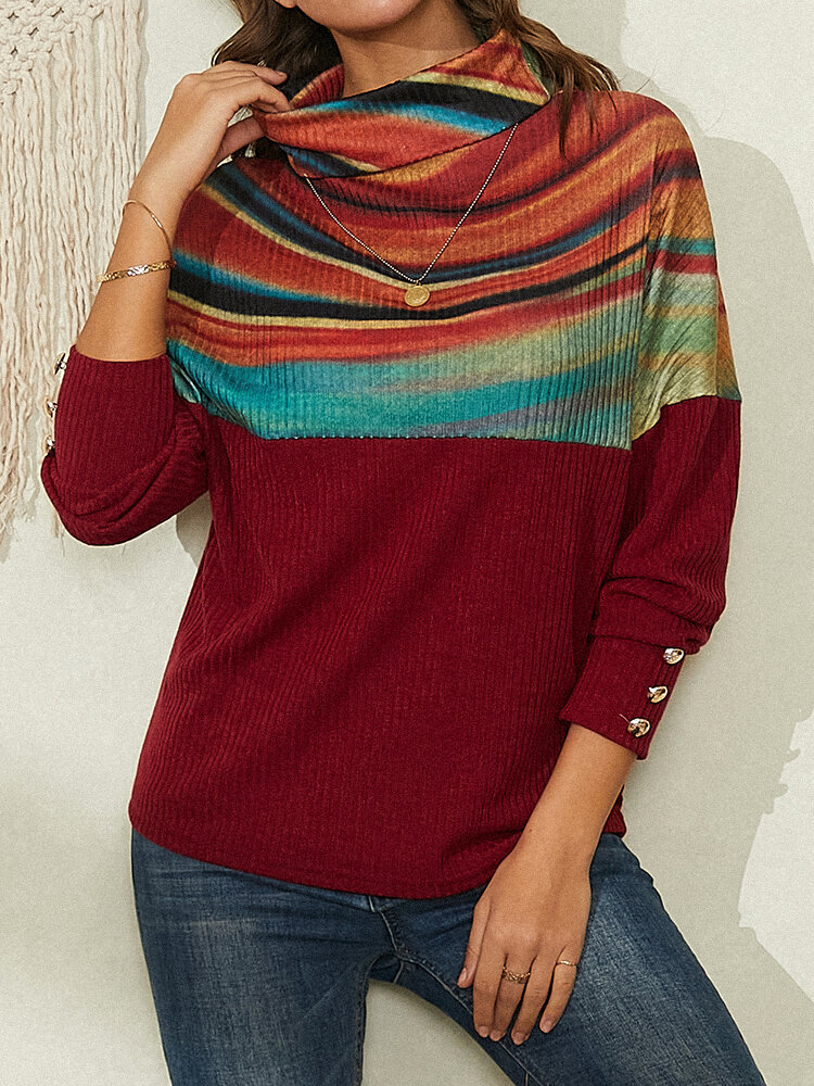 Women Rainbow Striped Print Patchwork Turtleneck Ribbed Sweater