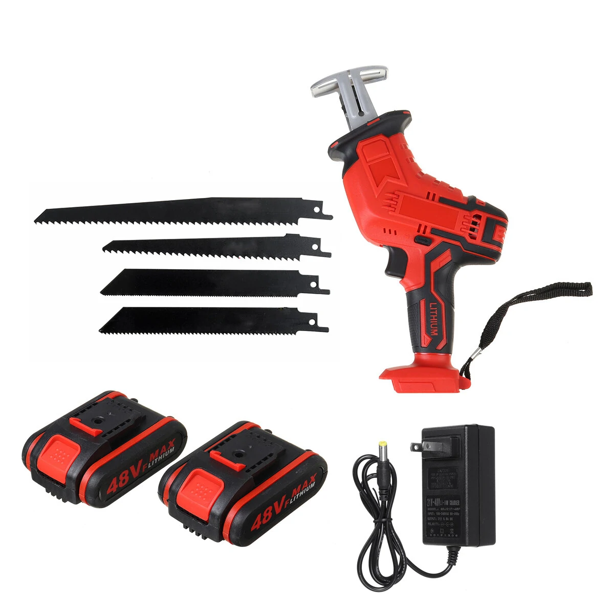 21V Cordless Reciprocating Saw Electric Saw W/ 4 Saw Blades Metal Cutting Woodworking W/ 1/2 Lithium Battery - Red Two Batteries