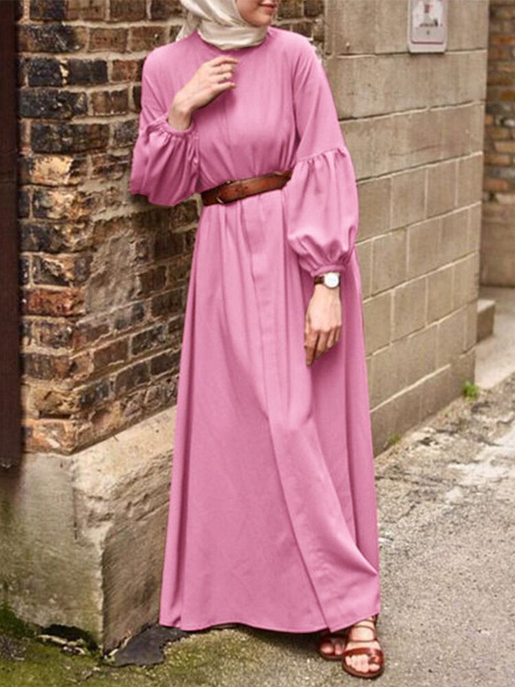 

Solid Color Elastic Cuffs O-Neck Puff Sleeve Pleated Muslim Maxi Dress Kaftan For Women