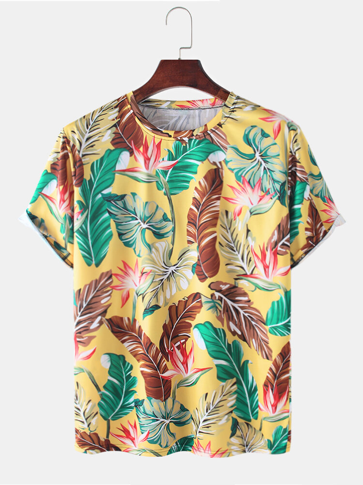 Mens tropical leaves print short sleeve holiday casual t-shirts Sale ...
